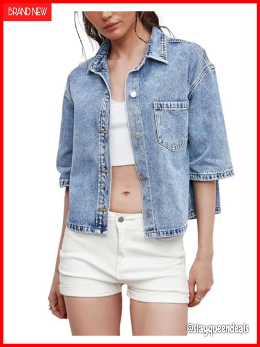 Women's Denim Button Down Shirt Short Sleeve Casual Jean Top Lightweight Shacket